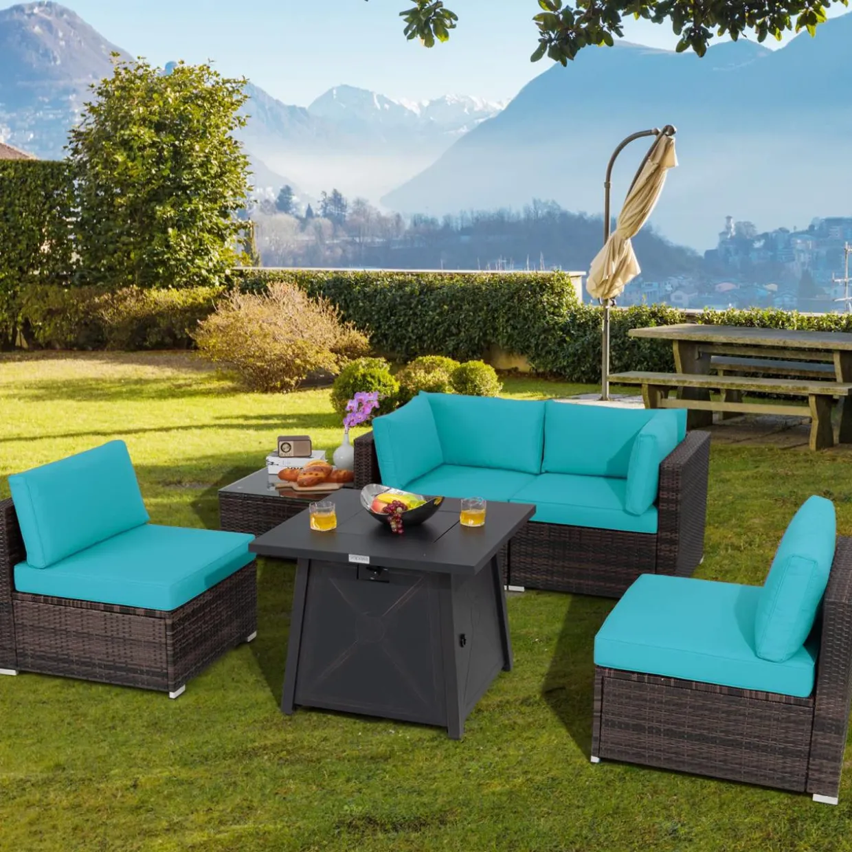 Tangkula 6-Piece Patio Furniture Set with 30" Propane Fire Pit Table