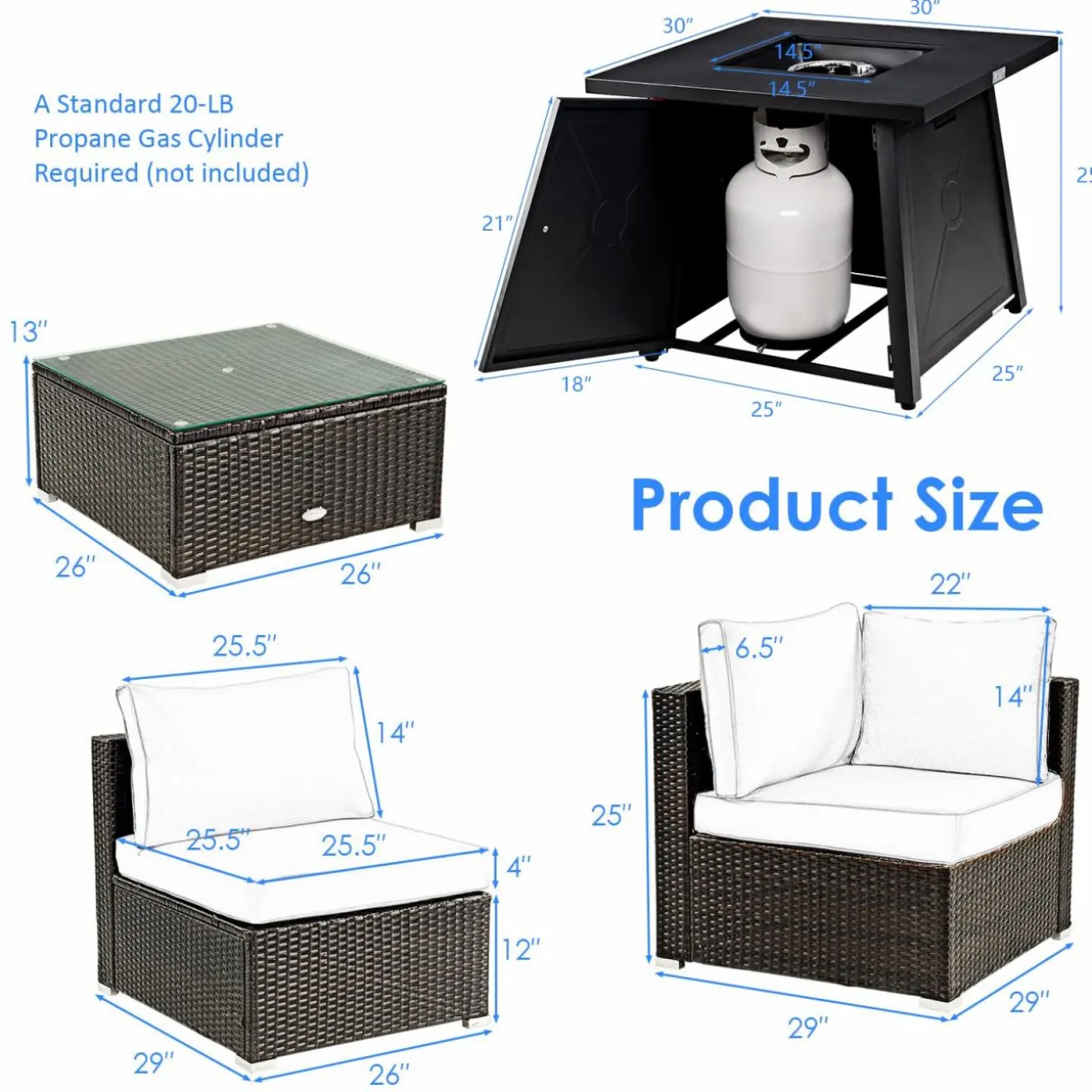 Tangkula 6-Piece Patio Furniture Set with 30" Propane Fire Pit Table