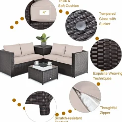 Tangkula 5-Piece Patio Furniture Set with 42 Inches Propane Fire Pit Table, Outdoor Wicker Conversation Set with Cushions