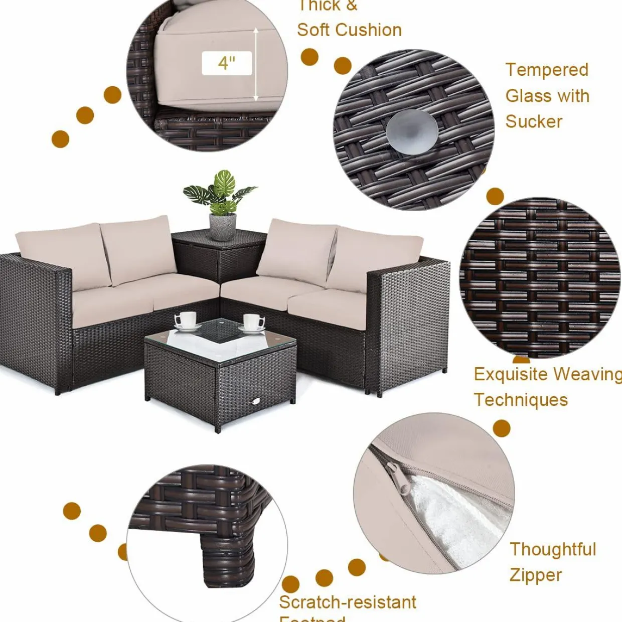 Tangkula 5-Piece Patio Furniture Set with 42 Inches Propane Fire Pit Table, Outdoor Wicker Conversation Set with Cushions