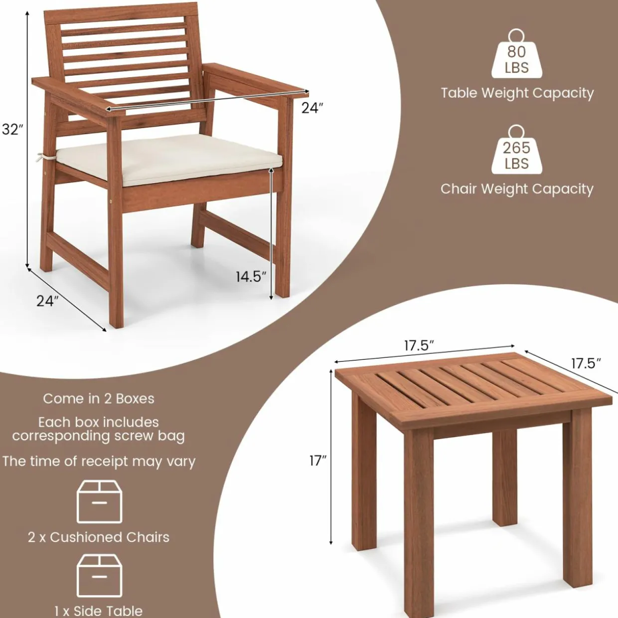 Tangkula 3-Piece Patio Furniture Set, Outdoor Bistro Set w/2 Seat Cushions, Coffee Table