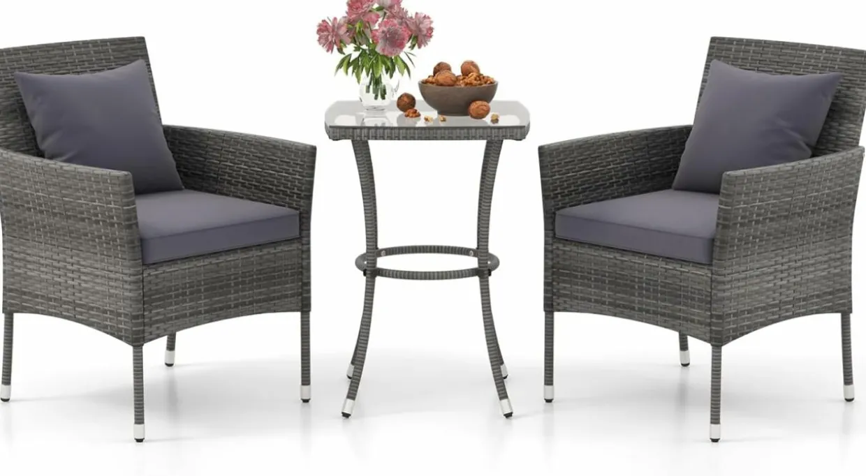 Tangkula 3-Piece Patio Furniture Set w/A Tempered Glass Table & 2 Cushioned Chairs