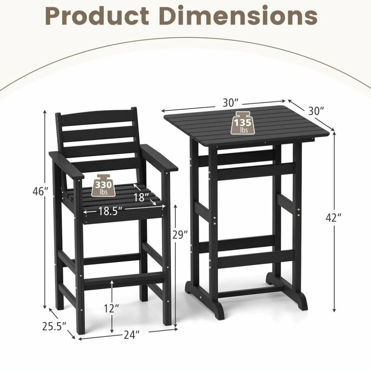 Tangkula 3-Piece Patio HDPE Bar Set