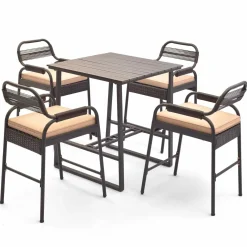 Tangkula 5-Piece Patio Rattan Bar Set, Counter Height Square Table with 4 Wicker Counter Stools