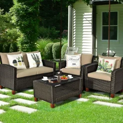 Tangkula 4-Piece Patio Rattan Furniture Set, Outdoor Wicker Conversation Set