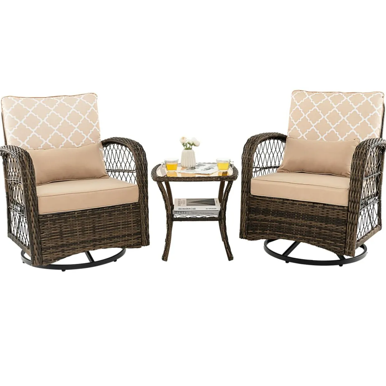 Tangkula 3-Piece Patio Swivel Rocker Set, Wicker Swivel Rocking Chairs