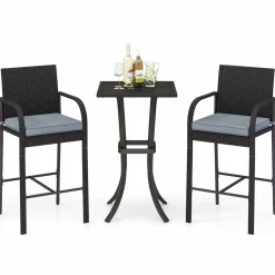 Tangkula 3-Piece Patio Wicker Bar Set, Rattan Bar Height Chairs & Square Table w/Heavy-Duty Metal Frame
