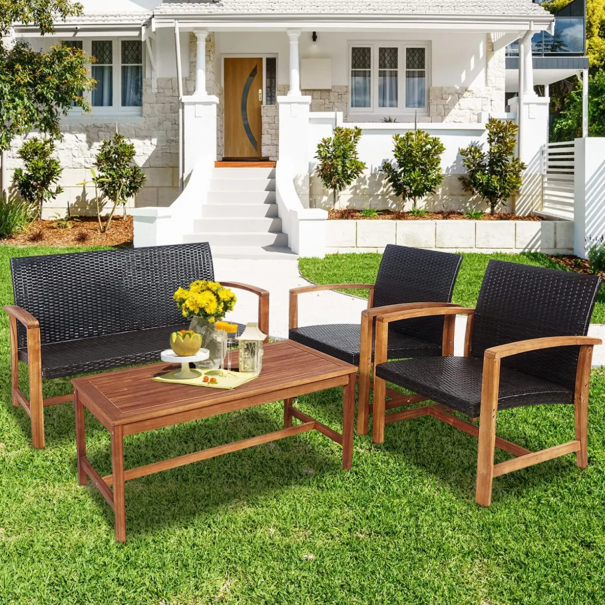 Tangkula 4-Piece PE Rattan Patio Furniture Set, Outdoor Conversation Set