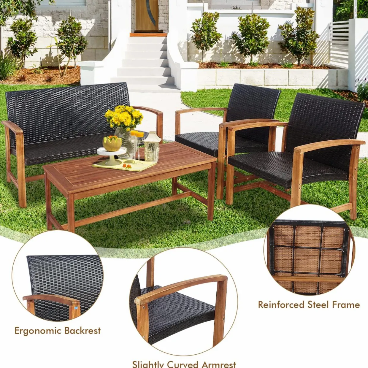 Tangkula 4-Piece PE Rattan Patio Furniture Set, Outdoor Conversation Set
