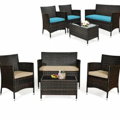 Tangkula 4-Piece Rattan Patio Furniture Set, w/Tempered Glass Coffee Table