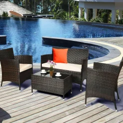 Tangkula 4-Piece Rattan Patio Furniture Set, w/Tempered Glass Coffee Table