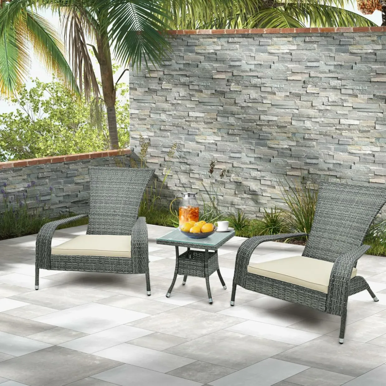 Tangkula 3-Piece Wicker Adirondack Set, Ergonomic Oversized Rattan Chairs