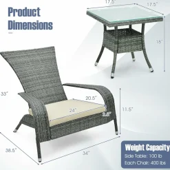Tangkula 3-Piece Wicker Adirondack Set, Ergonomic Oversized Rattan Chairs
