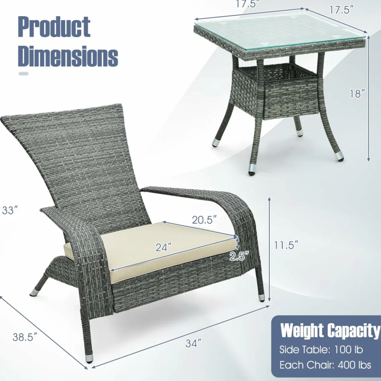 Tangkula 3-Piece Wicker Adirondack Set, Ergonomic Oversized Rattan Chairs