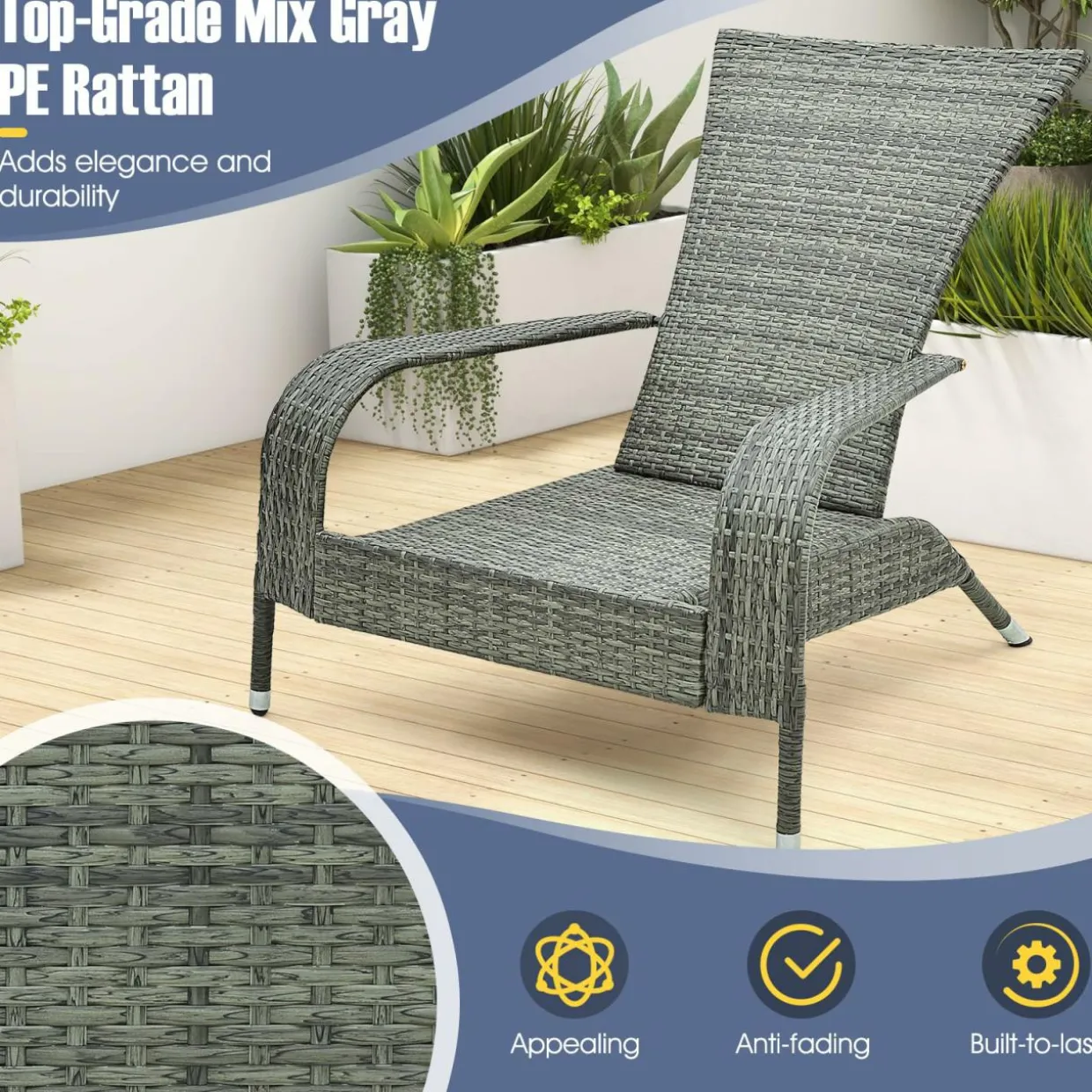Tangkula 3-Piece Wicker Adirondack Set, Ergonomic Oversized Rattan Chairs