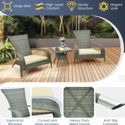Tangkula 3-Piece Wicker Adirondack Set, Ergonomic Oversized Rattan Chairs