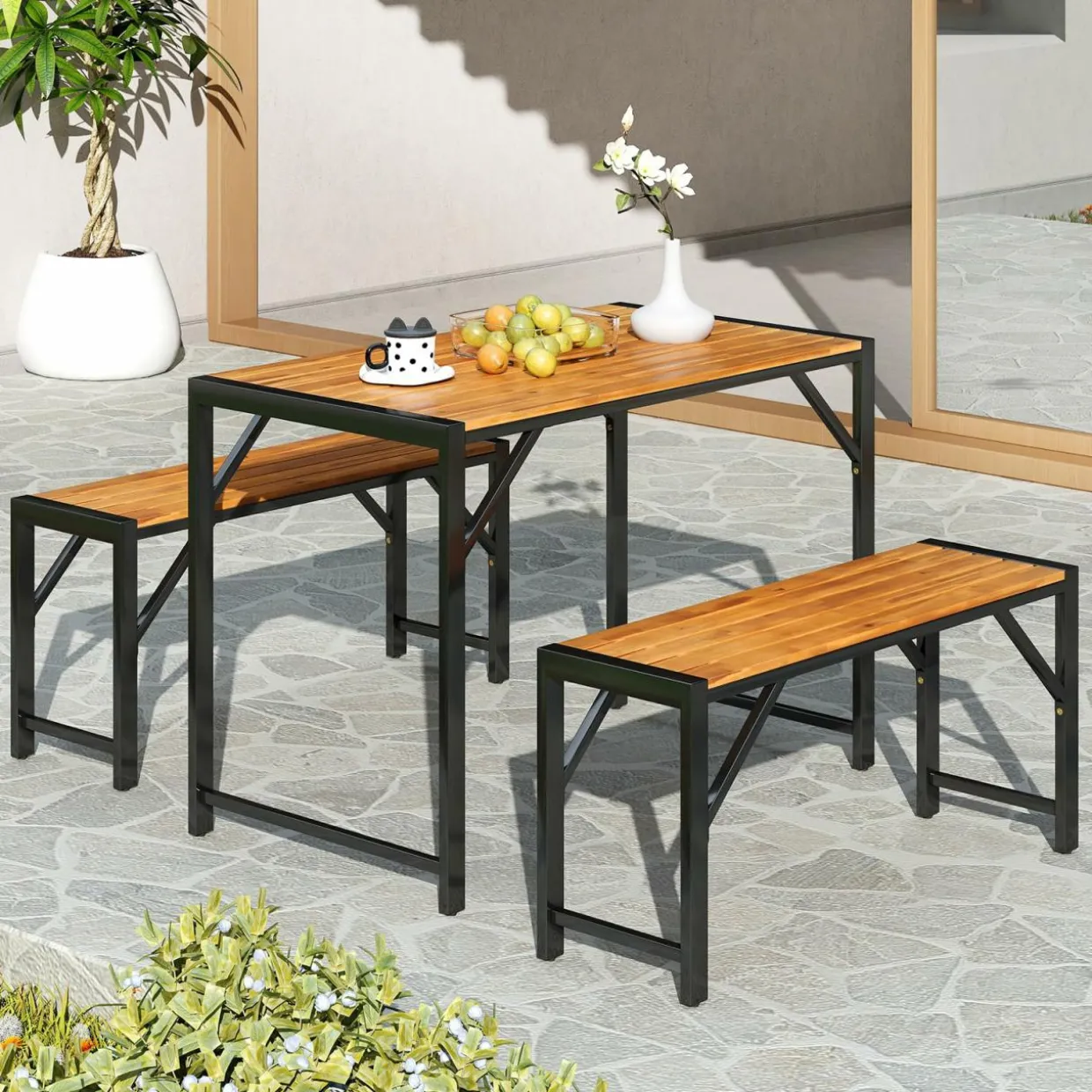 Tangkula 3-Pieces Patio Dining Set for 4 People, Outdoor Picnic Table & 2 Benches