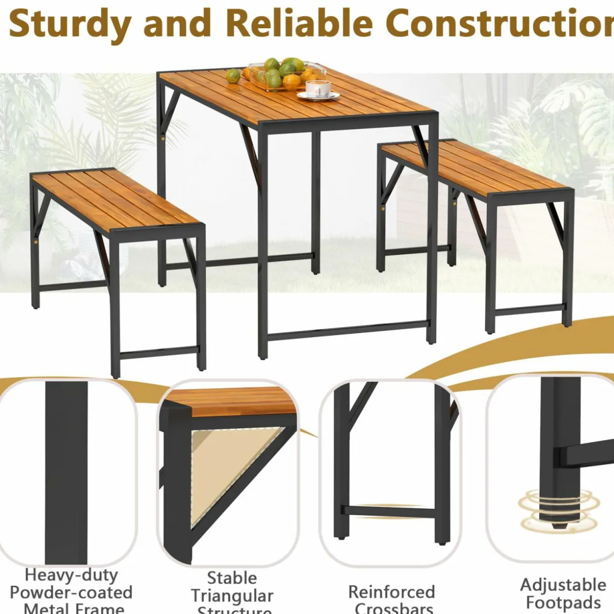Tangkula 3-Pieces Patio Dining Set for 4 People, Outdoor Picnic Table & 2 Benches