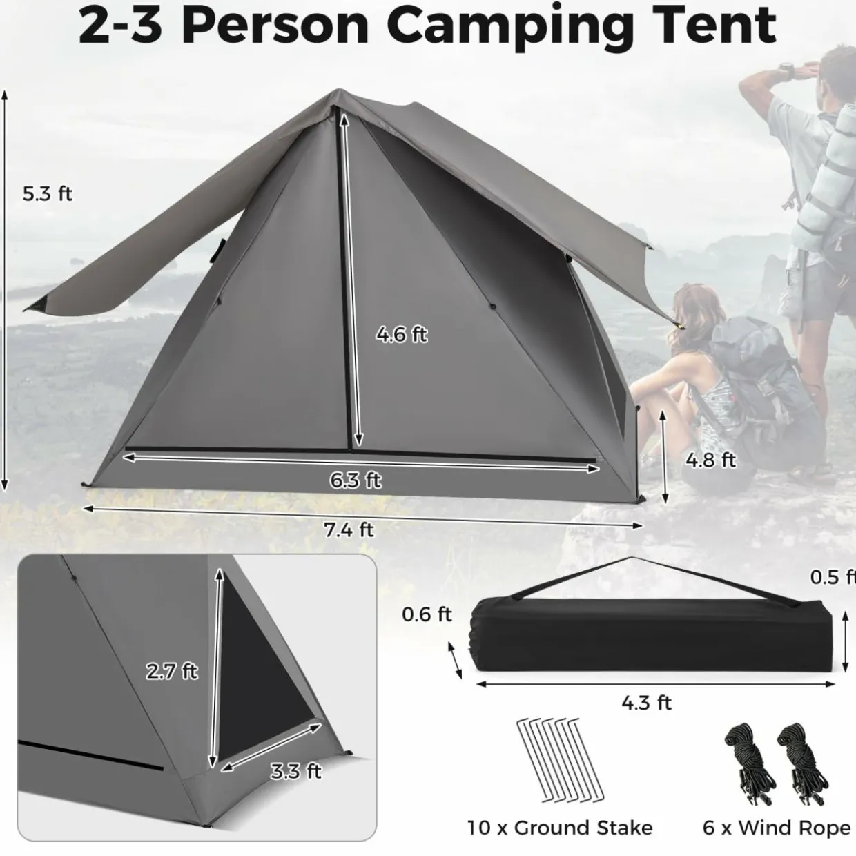 Tangkula Pop Up Camping Tent for 2-3 Person, 360° One-Way See-Through Backpacking Tent with Removable Rainfly