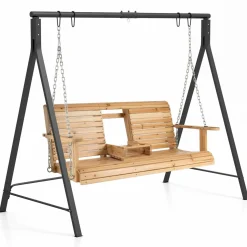 Tangkula Porch Swing with Stand, Wood Hanging Patio Swing with 2 Cupholder & Heavy-Duty A-Shaped Metal Frame