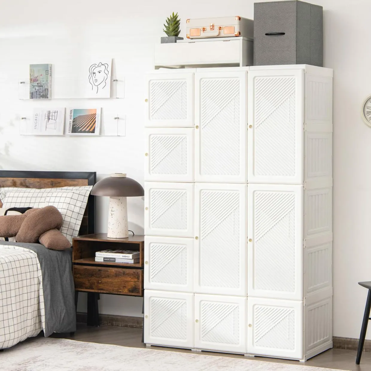 Tangkula Portable Closet Wardrobe, Foldable Clothes Organizer with Cubby Storage, Hanging Rods