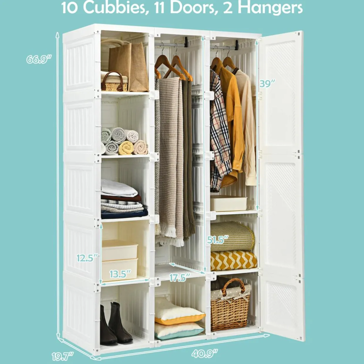 Tangkula Portable Closet Wardrobe, Foldable Clothes Organizer with Cubby Storage, Hanging Rods
