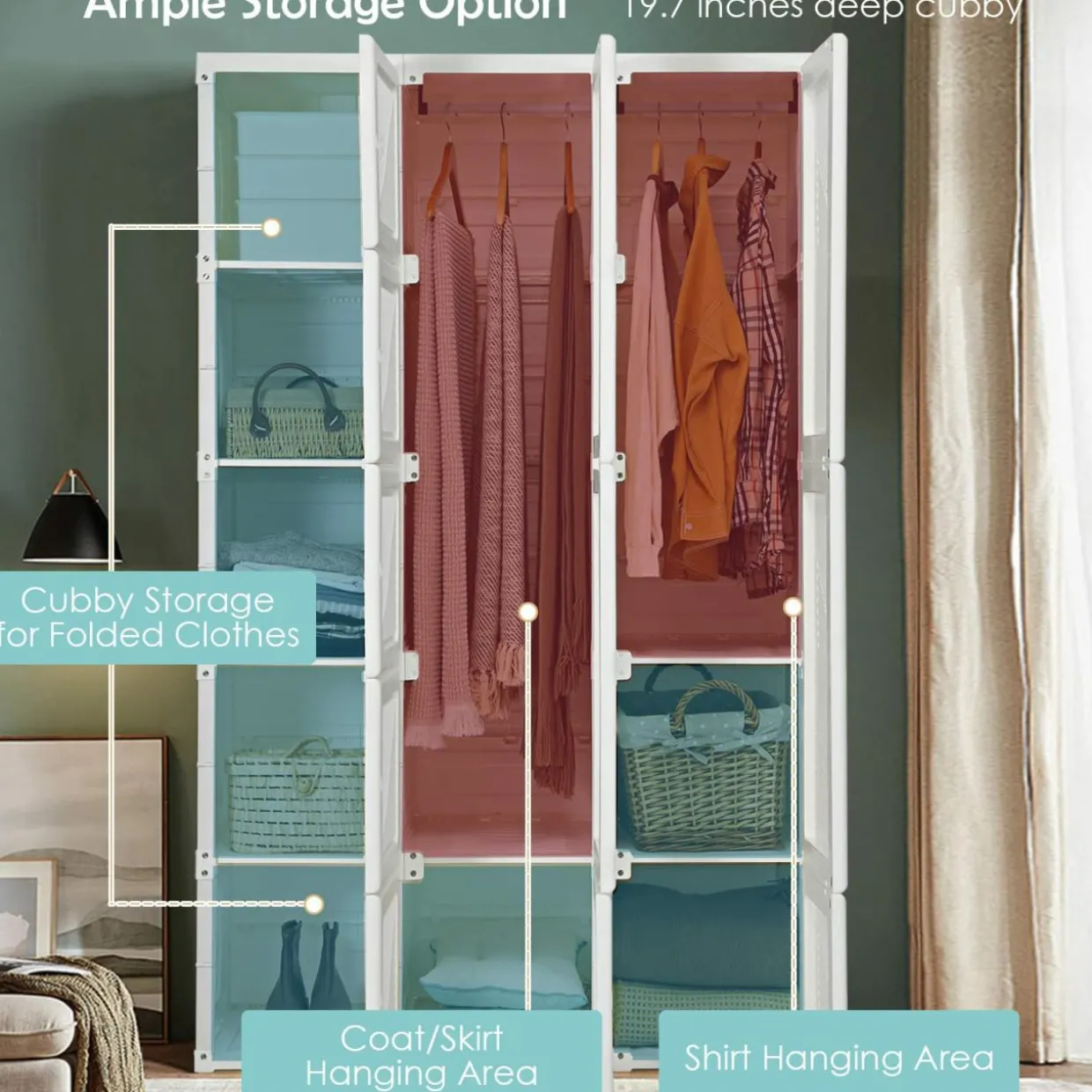 Tangkula Portable Closet Wardrobe, Foldable Clothes Organizer with Cubby Storage, Hanging Rods