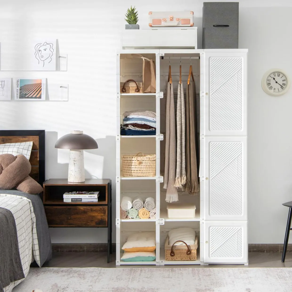 Tangkula Portable Closet Wardrobe, Foldable Clothes Organizer with Cubby Storage, Hanging Rods