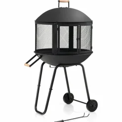 Tangkula Portable Fire Pit with Wheels, 28 Inch Wood Burning Fire Pit with Log Grate