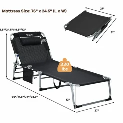 Tangkula 4-Position Folding Chaise Lounge Chair, Tri-Fold Portable Chaise Lounge Chair with Mattress, Pillow, Side Pocket
