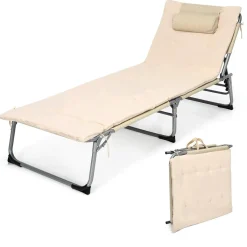 Tangkula 4-Position Folding Chaise Lounge Chair, Tri-Fold Portable Chaise Lounge Chair with Mattress, Pillow, Side Pocket