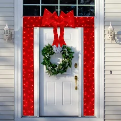 Tangkula Pre-Lit Christmas Doorway Arch w/Bow, LED Lighted Festive Door Decoration w/ 240 Red LED Lights