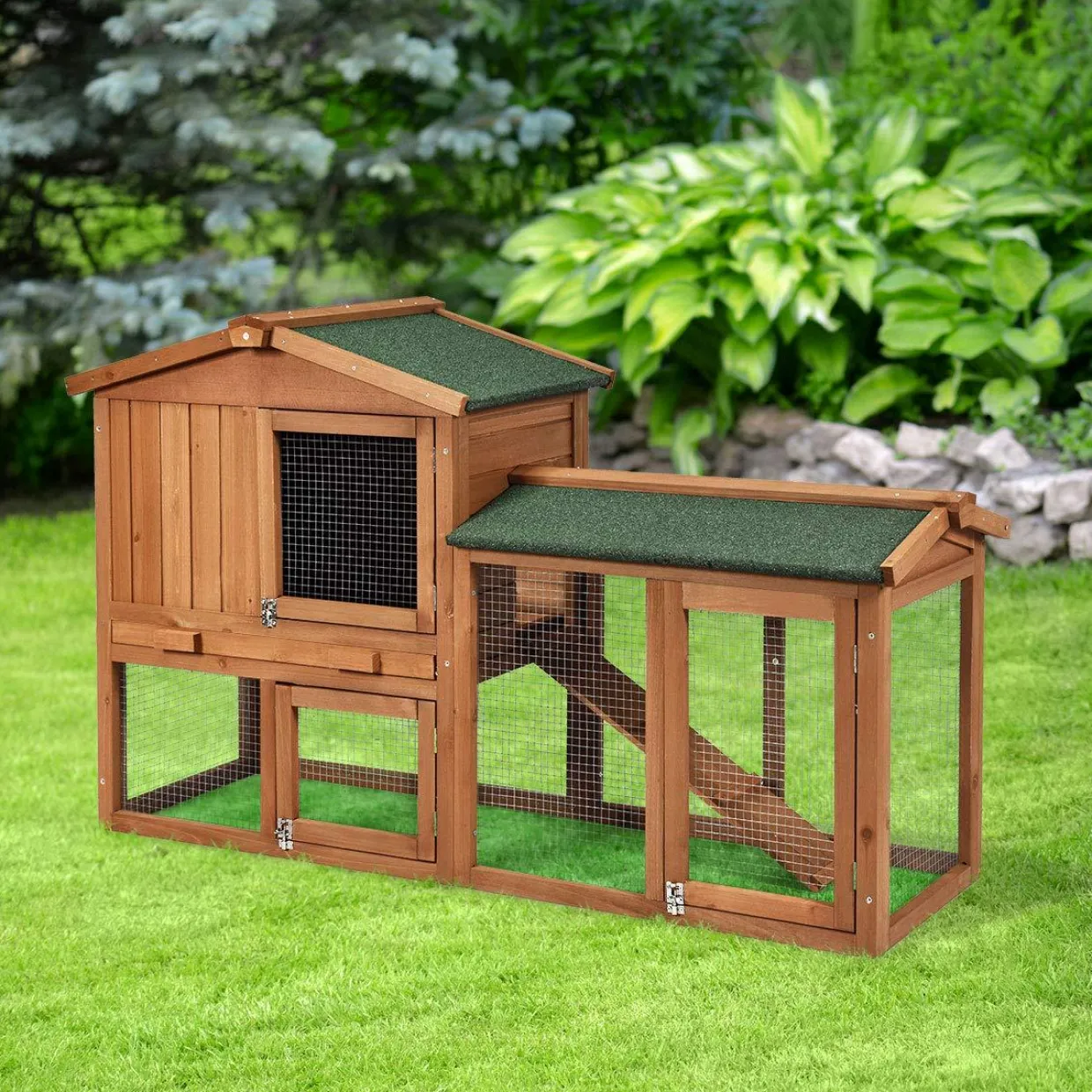 Tangkula Rabbit Hutch Indoor and Outdoor, 58-Inch Bunny Cage with Removable Tray & Ramp