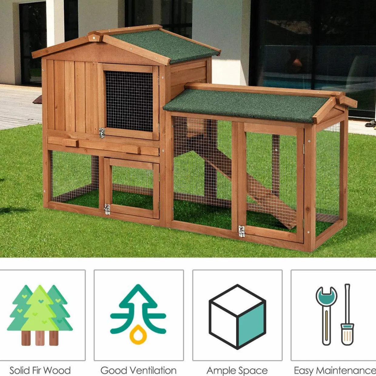 Tangkula Rabbit Hutch Indoor and Outdoor, 58-Inch Bunny Cage with Removable Tray & Ramp