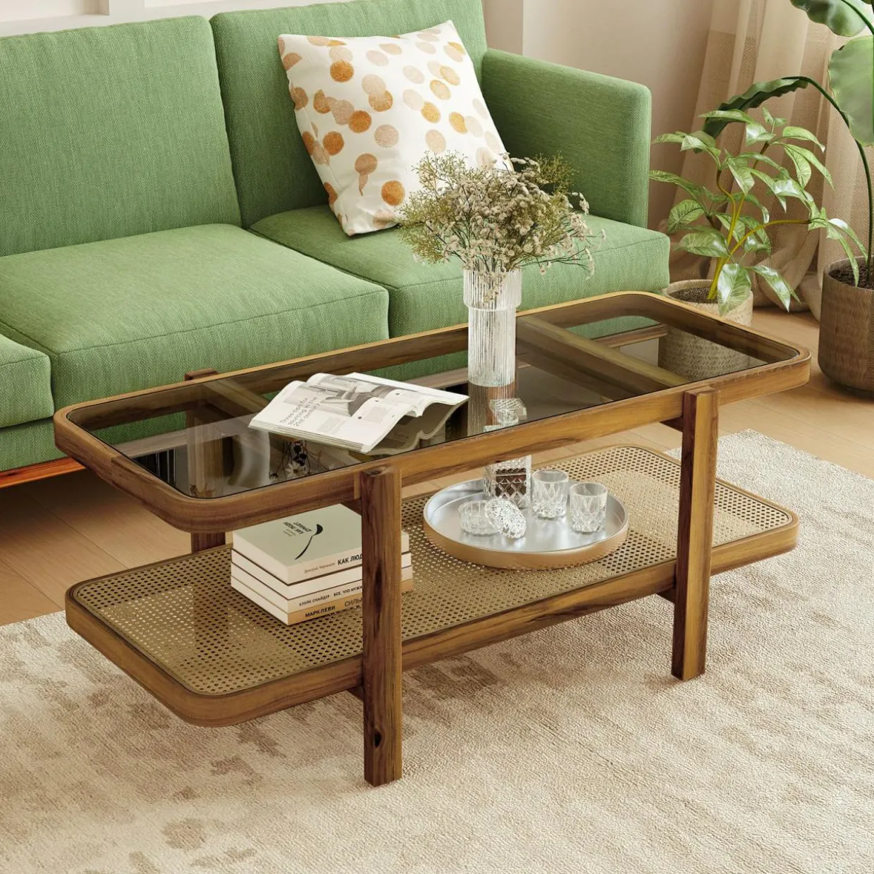 Tangkula Rattan Coffee Table, 47.5”L Boho Cocktail Tables, 2-Tier Center Table with Tempered Glass Tabletop (Natural)