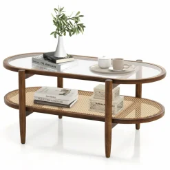 Tangkula Rattan Coffee Table, 40”L Boho Oval Acacia Wood Cocktail Table with Tempered Glass Tabletop & PE Rattan Storage Shelf