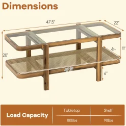 Tangkula Rattan Coffee Table, 47.5”L Boho Cocktail Tables, 2-Tier Center Table with Tempered Glass Tabletop (Natural)