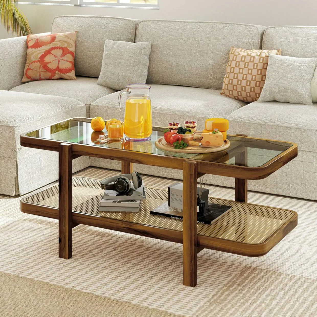 Tangkula Rattan Coffee Table, 47.5”L Boho Cocktail Tables, 2-Tier Center Table with Tempered Glass Tabletop (Natural)