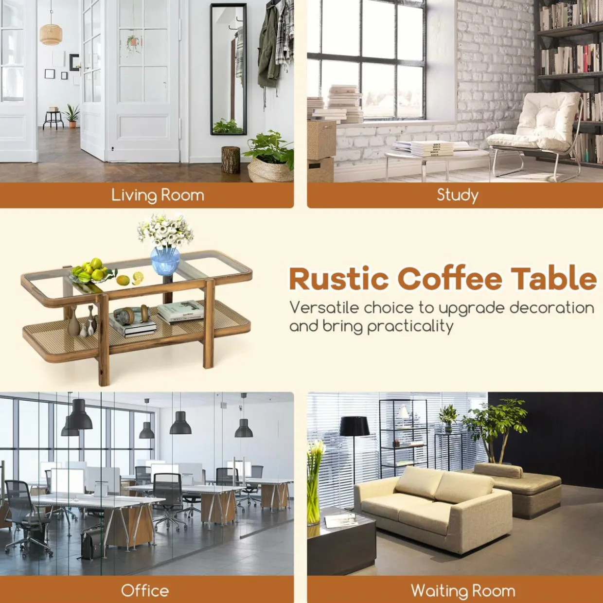 Tangkula Rattan Coffee Table, 47.5”L Boho Cocktail Tables, 2-Tier Center Table with Tempered Glass Tabletop (Natural)