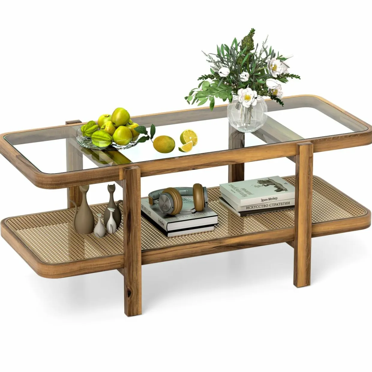 Tangkula Rattan Coffee Table, 47.5”L Boho Cocktail Tables, 2-Tier Center Table with Tempered Glass Tabletop (Natural)