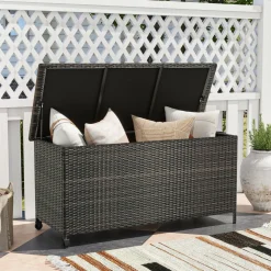Tangkula Rattan Deck Box, 85 Gallon Storage Container with Waterproof Liner, Wheels & Gas Strut