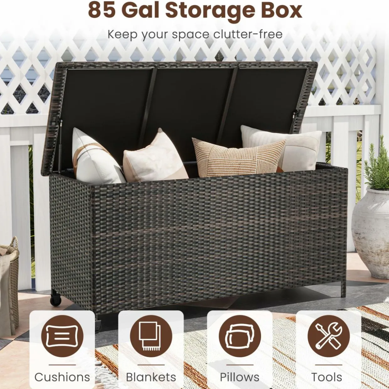 Tangkula Rattan Deck Box, 85 Gallon Storage Container with Waterproof Liner, Wheels & Gas Strut