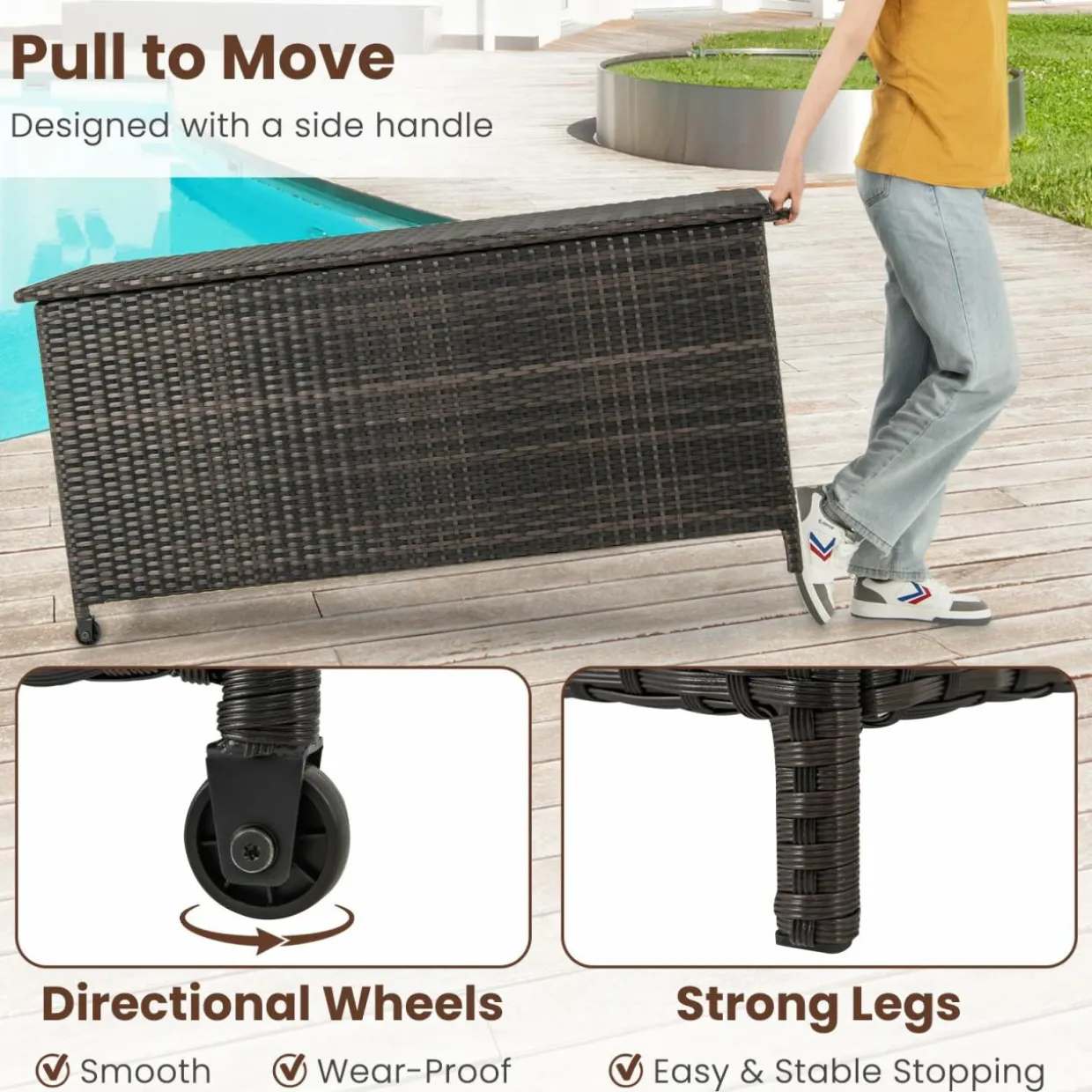Tangkula Rattan Deck Box, 85 Gallon Storage Container with Waterproof Liner, Wheels & Gas Strut