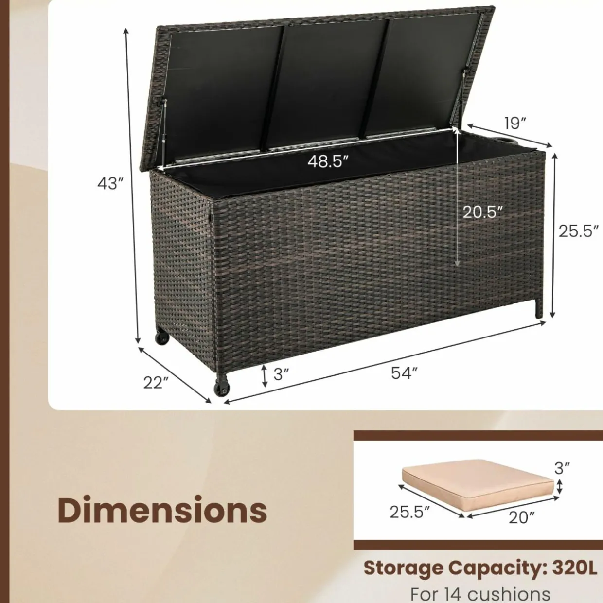 Tangkula Rattan Deck Box, 85 Gallon Storage Container with Waterproof Liner, Wheels & Gas Strut