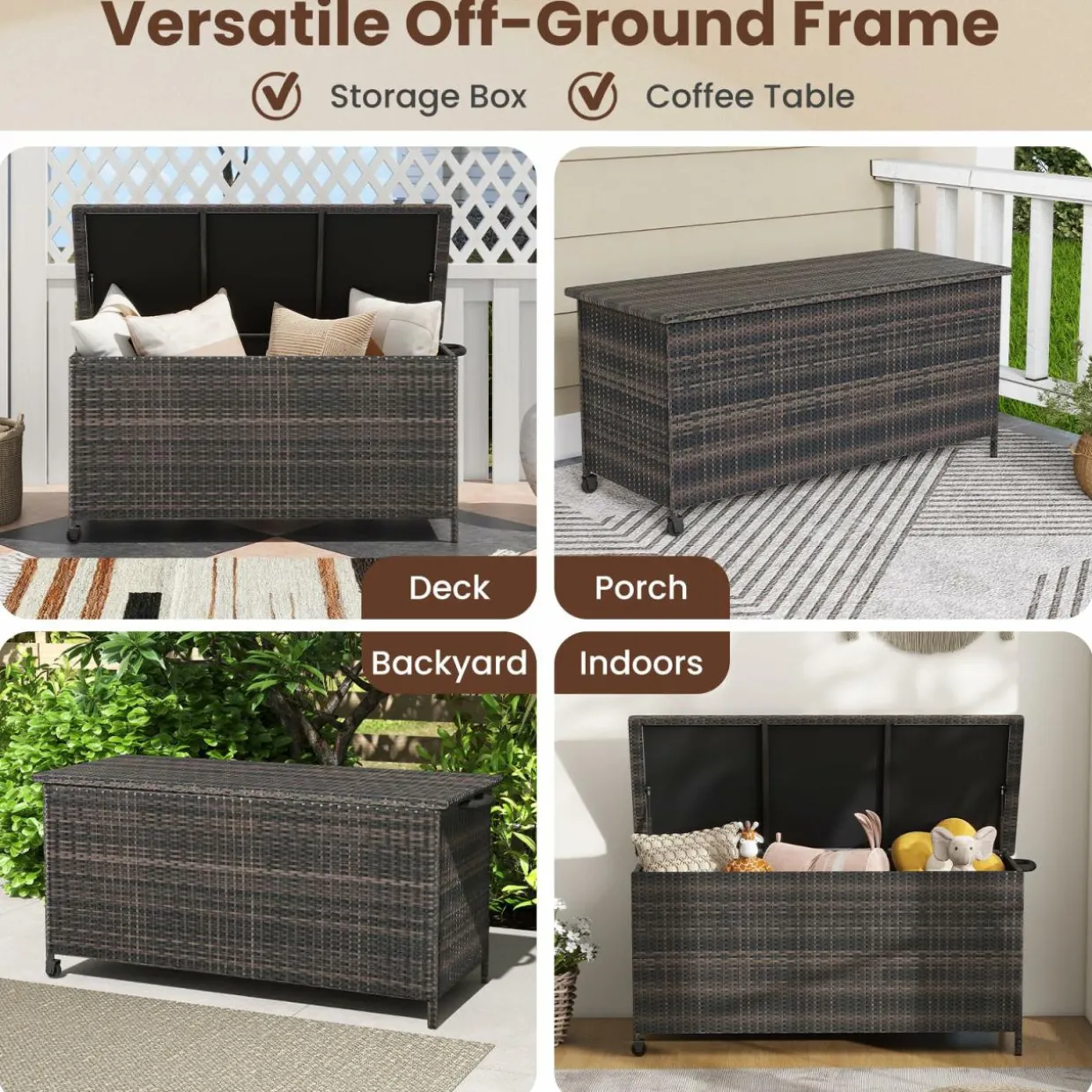 Tangkula Rattan Deck Box, 85 Gallon Storage Container with Waterproof Liner, Wheels & Gas Strut