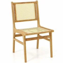 Tangkula Rattan Dining Chair, Farmhouse Kitchen Side Chairs w/Natural Cane Woven Backrest & Seat & Teak Wood Frame