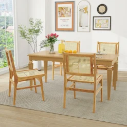 Tangkula Rattan Dining Chair, Farmhouse Kitchen Side Chairs w/Natural Cane Woven Backrest & Seat & Teak Wood Frame