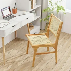 Tangkula Rattan Dining Chair, Farmhouse Kitchen Side Chairs w/Natural Cane Woven Backrest & Seat & Teak Wood Frame
