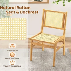 Tangkula Rattan Dining Chair, Farmhouse Kitchen Side Chairs w/Natural Cane Woven Backrest & Seat & Teak Wood Frame