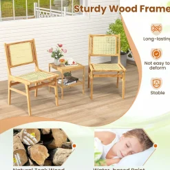 Tangkula Rattan Dining Chair, Farmhouse Kitchen Side Chairs w/Natural Cane Woven Backrest & Seat & Teak Wood Frame